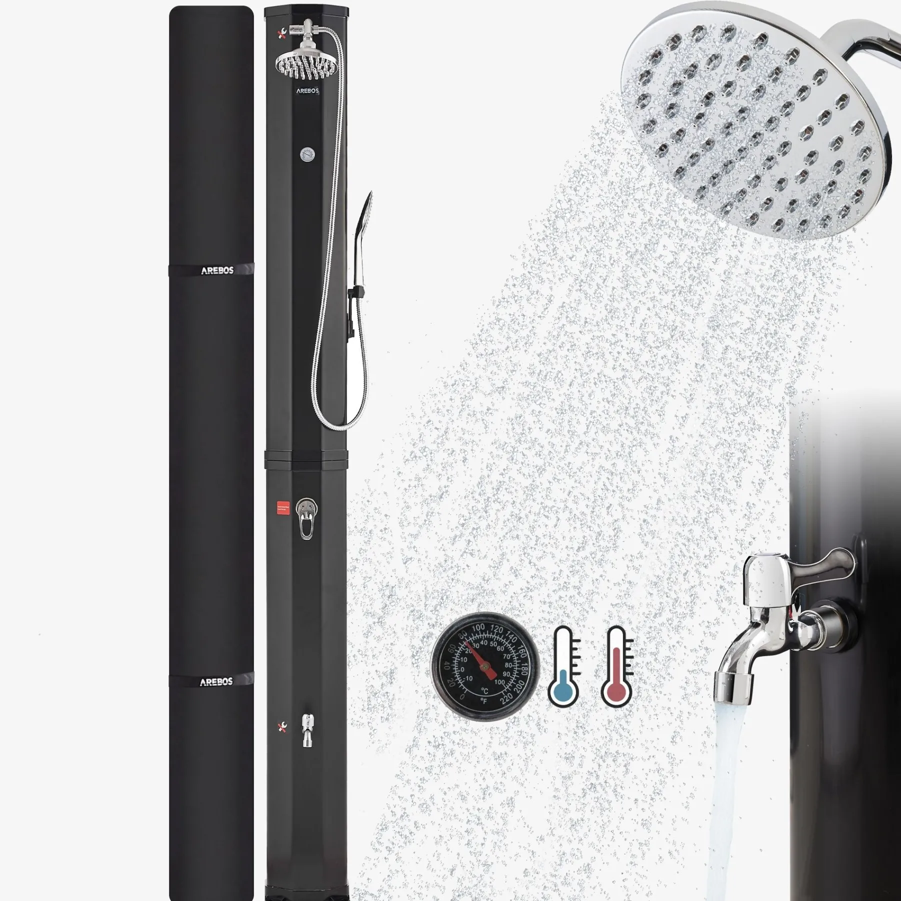 Solardusche 60L mit Thermometer und Handbrause schwarz